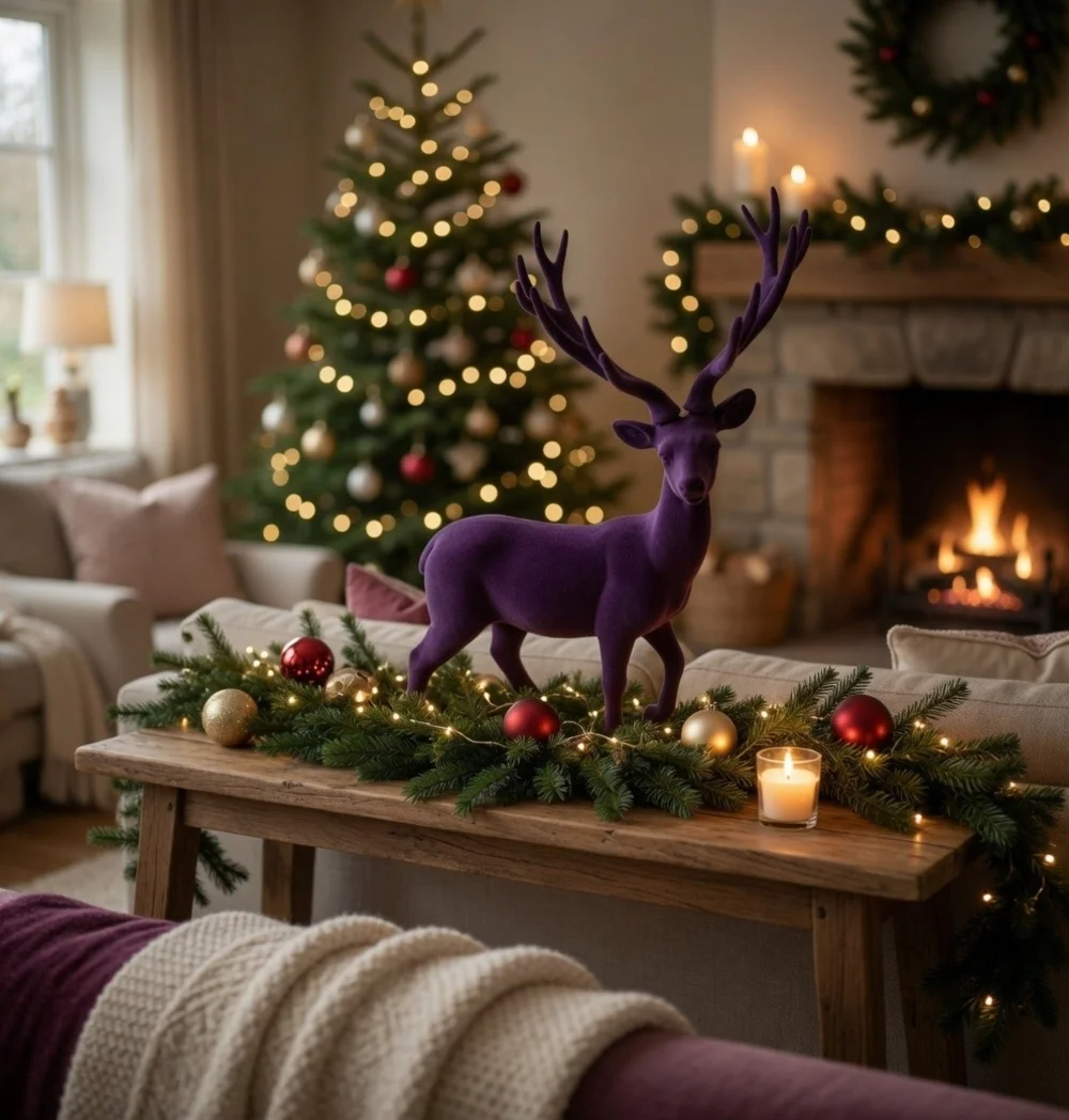 Large Purple Velvet Flocked Reindeer Deer Christmas Statue 18